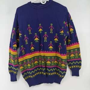 VTG United Colors of Benetton Sweater Womens 48 Large Purple Aztec Print Cotton